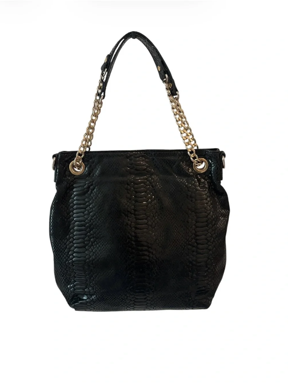 Michael Kors Black Snake-Texture Tote Bag with Gold Chain Handles